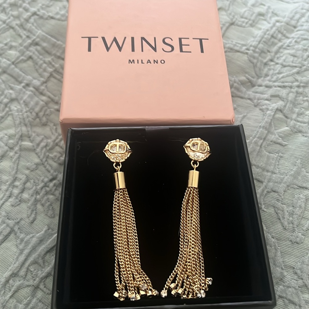Gold Tassel Earrings with Crystal Studs - Picture 5 of 5
